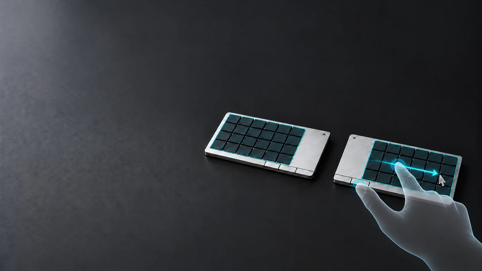 半透明の指がキーキャップ表面をなぞり、カーソルを動かすAir Track分割キーボードの操作イメージ